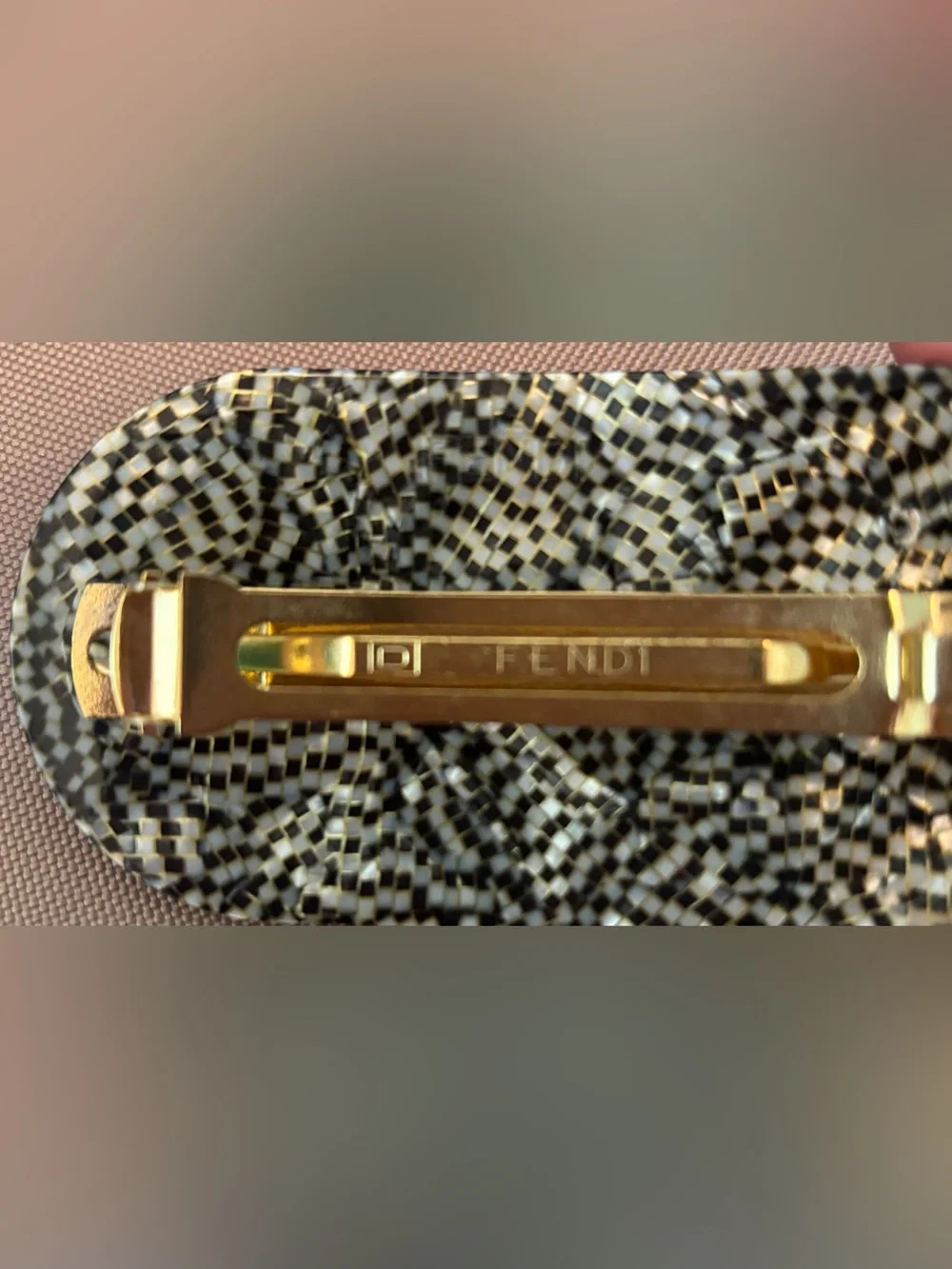 Fendi Black and White mother of pearl Hair Clip with FF Gold Logo